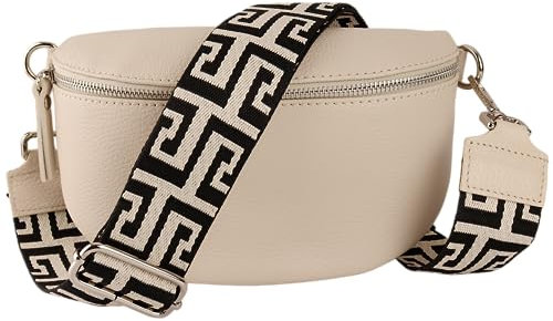 MIRROSI® Bauchtasche Damen, Echtleder, Made in Italy, Umhängetasche, Brusttasche, Crossbody Bag (1 Tasche & 2 Gurte) (Beige (NN Beige Schwarz), Große Tasche (28x18x9cm))