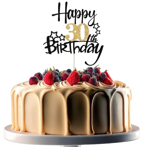 JEKUGOT 30th Birthday Cake Toppers, Black and Gold Glitter Cake Decorations, Happy 30th Birthday Cake Toppers for Men and women Themed Party (1pcs)