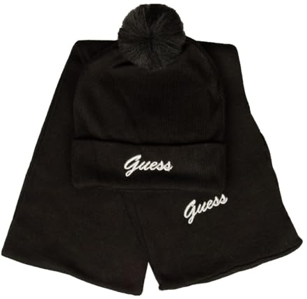 GUESS Damenschal und Mütze mit Rückseite und Bommel, komplett mit gesticktem Logo, Artikel J3RZA2Z3D70, JBLK Black/Nero, M