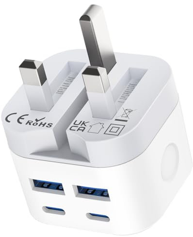 USB C Plug Fast Charger for Apple iPhone 16/16 Pro Max/16 Pro/16 Plus/15/15 Pro Max/14/13/12/11/SE 2020/iPad Pro/Air/Mini, Fold Multi 2 USB and 2 USBC Adapter Charging Plug UK Type C for i Phone