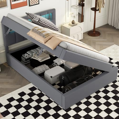 Boxspringbett mit Bettkästen und LED-Beleuchtung, 90x200 cm Polsterbett Einzelbett, Bett mit Stauraum, Lattenrost & Kopfteil, Stauraumbett Jugendbett Rückenlehne Bettgestell, Grau, Ohne Matratze
