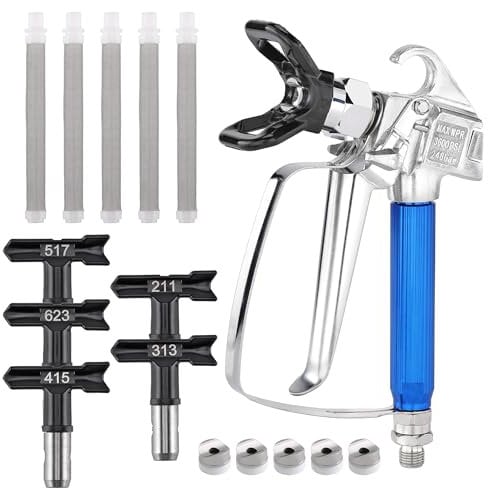 Filhome 12pcs Airless Pistole 3600 PSI Hochdruck Airless Farbsprühgerät mit 5 Airless Düse mit Spitzendichtung und 5 Airless-Lackpistolenfilter für Airless Farbsprühsysteme (211,313,415,517,623)
