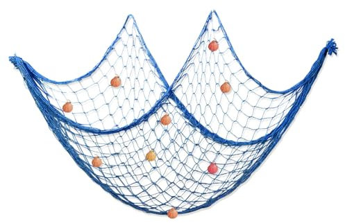 Dunkwckore Fischernetz Deko, 100 × 200cm Maritime Dekoration, mit Muscheln Deko Groß Baumwolle Fischnetz, Kinderzimmer Fischerei Dekorative Mediterranen, Wohnzimmer Wandbehänge Wanddekoration (Blau)
