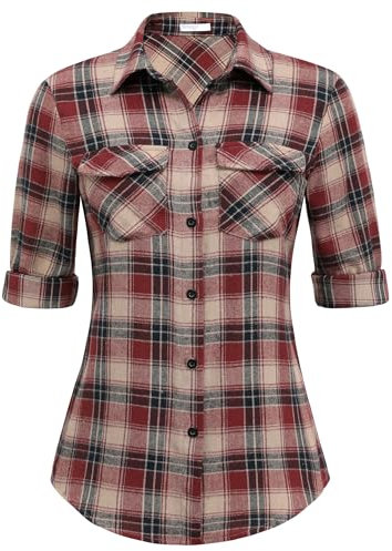 UNibelle Chemise à Carreaux Manches Longues pour Femme - Chemisier Traditionnel Oktoberfest - Veste en Coton - Col en V - Décontracté - Noir/Rouge