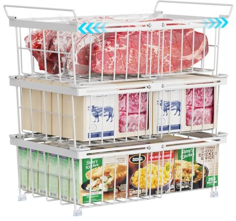 iSPECLE Chest Freezer Baskets - Fit 283 to 566L Chest Freezer, 3 Pack Large Stackable Expandable Organiser Add More Space, Easily Sort and Get Frozen Foods with Handles, White
