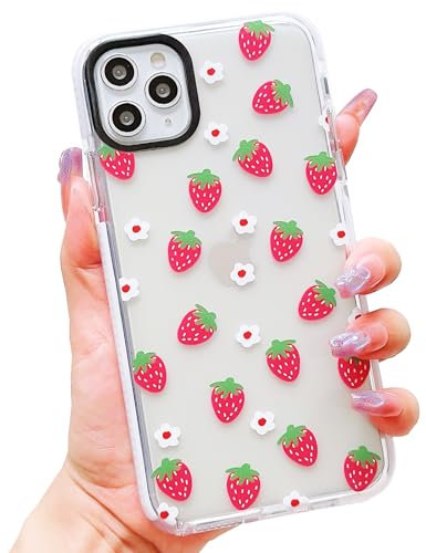 ECZOIL Compatible for iPhone 11 Pro Max Case,Cute Clear Strawberries Flowers Cartoon for Women Girl Soft TPU Shockproof Anti-Yellow Protective Phone Case for iPhone 11 Pro Max-Strawberries Flowers