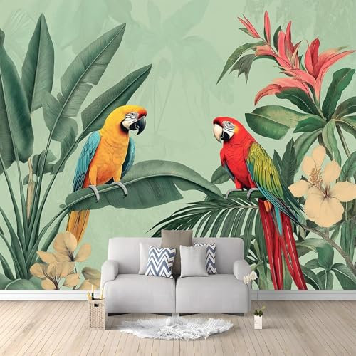 Murales Papel Pintado Salon Tropical Plantas Loro 300x210 cm Fotomurales 3D Tejido No Tejido Papel Tapiz Fotográfico Decorativos Murales Dormitorio Oficina Hotel