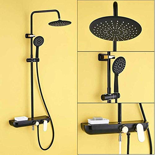 TENGJUN Système de Douche Robinet mitigeur de Bain-Douche Blanc doré Ensemble de Douche de Salle de Bain à Effet Pluie Robinet mitigeur d'étagère de Produits Robinet de Douche, Noir Mat doré