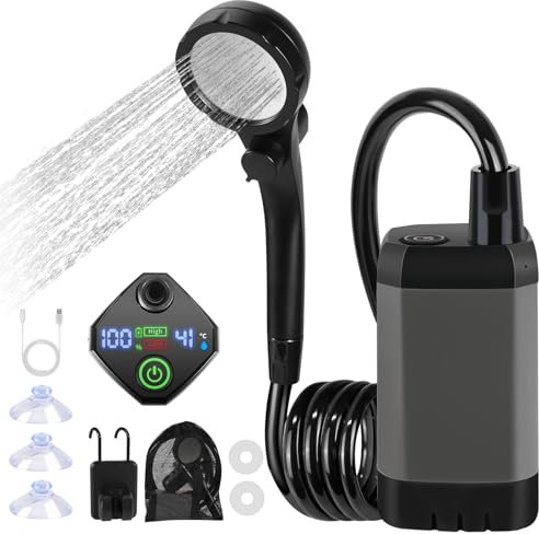 Toemics Portable Camping Shower with 6000mAh Rechargeable Battery and LED Display, Electric Pump Waterproof Outdoor Travel Shower for Hiking, Car, Pet, Dog (Grey)