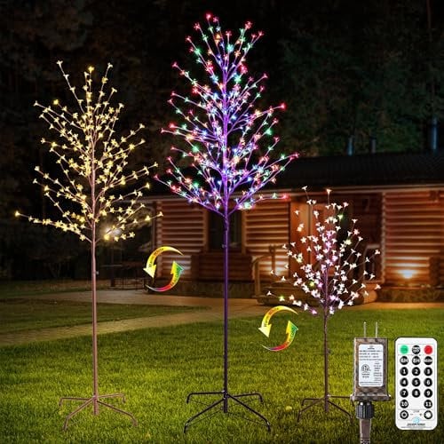 Lomotech Lighted Cherry Blossom Tree - 4Ft 6Ft 7Ft, Set of 3, Color Changing Artificial Tree with 11 Modes Timer for Indoor Outdoor Party Holiday Christmas Decorations(Warm White to Multicolor)