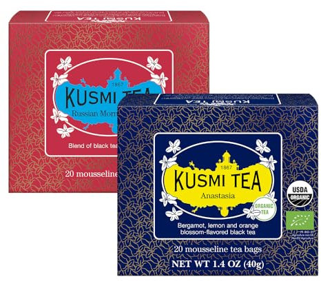 Kusmi Tea - Anastasia + Thé du Matin N°24 - Lot de 2 boîtes - Thé Noir Biologique à la Bergamote + Mélange de Thés Noirs Asiatiques - Grand Yunnan, Ceylan et Assam - 2x20 Sachets