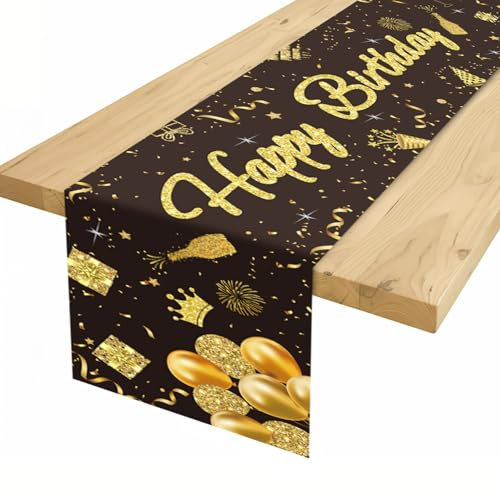 TischläUfer Geburtstag Schwarz Gold, Happy Birthday Goldene TischläUfer Geburtstagsdeko, Tischdeko Geburtstag FüR Jungen MäNner MäDchen, Table Runner Birthday Decorations Party Dekoration, 180 X 35 cm