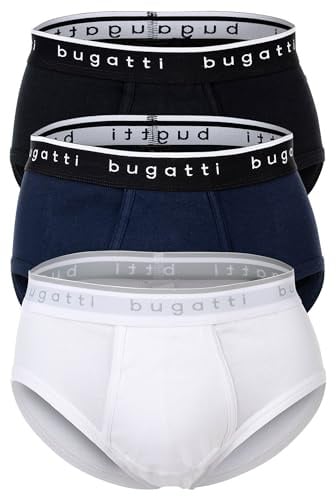 bugatti Men's Briefs, Pack of 3, Fine Rib, Fly, Cotton, Plain, White / Black / Blue, Medium