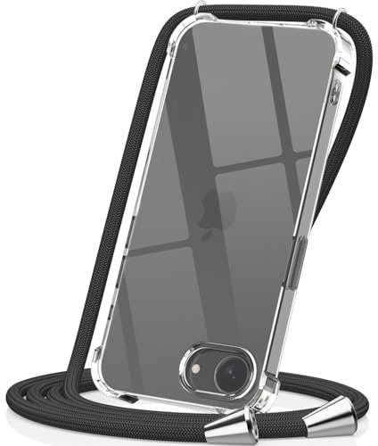 CAROKI Crossbody Case for iPhone 16e, Necklace Mobile Phone Cover with Cord Strap Clear Transparent TPU Soft iPhone 16e Cover Holder with Neck Cord Lanyard Strap-Black