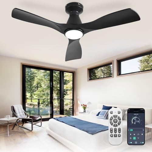 Depuley 42-Inch Ceiling Fans with Lights: Black 3 Blade Flush Mount Low Profile Ceiling Fan for Bedroom - Dimmable Outdoor Quiet DC Motor Fan with Remote APP Control Timer