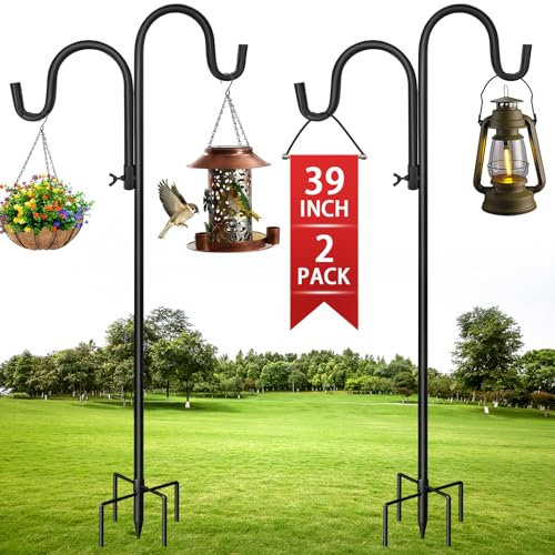 2PCS Garten Schäferhaken, 100CM Verstellbar Schäferstab Garten Doppelhaken Laternenstab, Metall Gartenstab mit 5 Prong Base, Shepherds Crook Hook für Solarleuchten Laternen Pflanzenkörbe Vogelhäuschen