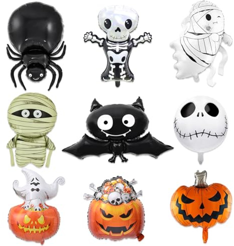 NOPKESV 9 Stück Halloween Folienballon Kürbis, Hexe, Geist, Fledermaus, Spinnweben, Spinnen Riesenballon, Party Ballon für Kinder Geburtstag Dekorationen Zubehör Geschenk (XXL)