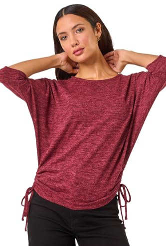 Roman Originals Printed Side Tie Snit Top for Women UK - Ladies Everyday Autumn Winter Round Neckline Comfy Soft Evening Vacation Work Party Night Out - Wine - Size 18