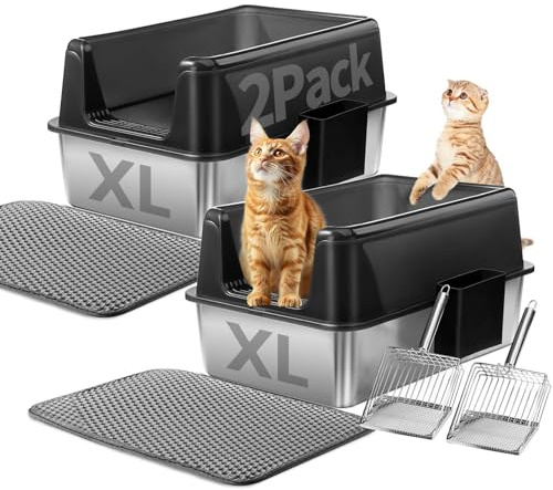 Marchul (2PACK) Lettiera per gatti XL, lettiera in acciaio inox per gatti grandi, lettiera XL in metallo con coperchio, impermeabile all'urina, non appiccicosa, inclusa stuoia per lettiera e pala per
