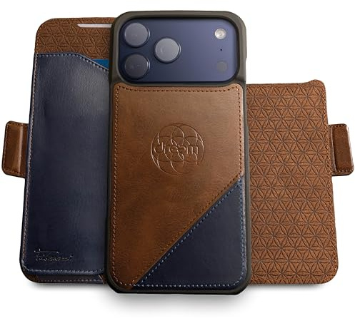 Dreem Vegan Leder Handyhülle für iPhone 17 Pro Max, Magnetisch & Abnehmbar | Neuartig vert/horiz Handyhalter, RFID-blockierende Kartenhülle, Kompatibel mit MagSafe, Geschenkbox [Fibonacci: Braun/Blau]