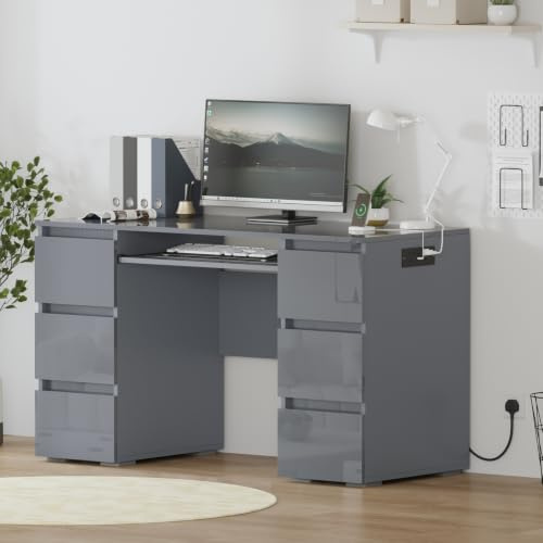 BSTSEL High Gloss Dressing Study Table 120x50x70 cm (L x Dx H) Office Computer Laptop Desk with 6 Drawers Large Storage Dressing Table Computer Desk with Power Outlets for Home Office (Grey)