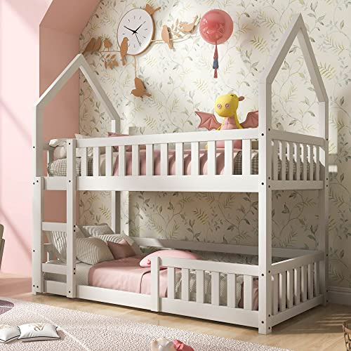 SURUEO Bunk Bed for Kids Children Twin Sleeper Bed with Ladder, Solid Wood Frame 3FT Single Gaming Castle-shaped Bed 90 x 190 cm Children's Room Furniture (White)
