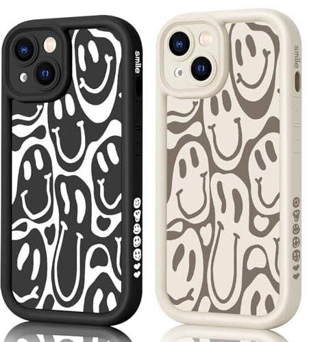 AICISINGN 2 Stück Handyhülle für iPhone 14 Hülle Aesthetic Smiley mit Muster Matte Case Frauen Mädchen, Weich TPU Schutzhülle Stoßfest Bumper Case für iPhone 14, 03