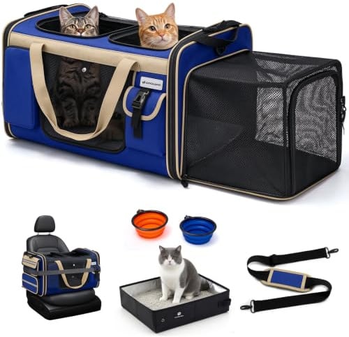 Odoland Katzentransportbox für 2 Katzen - Faltbar Erweiterbarer Transporttasche große Katze Welpen, atmungsaktiv Hundetragetasche mit Schultergurt & Katzenklo, Ideal für Reise, Auto - Blau