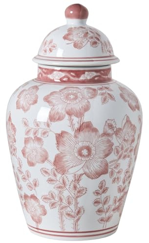 Blumenvase mit Deckel groß rund Porzellan weiß/hellrot handgemacht Deckelvase 36 cm hoch Moguer