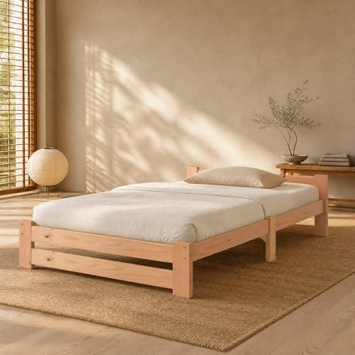 okwish Holzbett 90x200 cm aus Massivholz, Einzelbett mit Kopfteil und integriertem Lattenrost, Natur, Futonbett für Kinderzimmer, Jugendzimmer und Gästezimmer