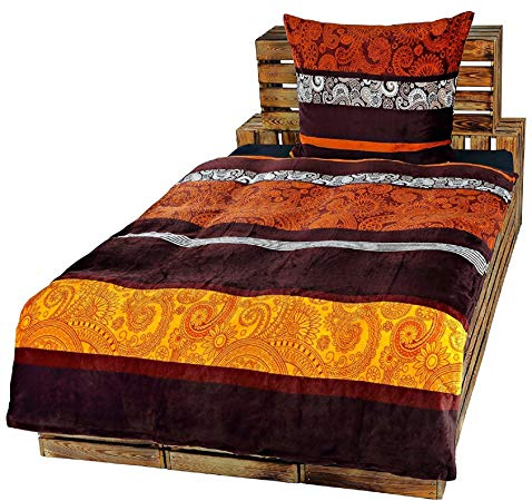 2-Teilige Bettwäsche Set Bett Bezug Übergröße 155x220 cm + Kopfkissen 80x80 cm TEDDY PLÜSCH Coral Fleece Cashmere Touch Super Soft Gold Bronze Braun Ornamente