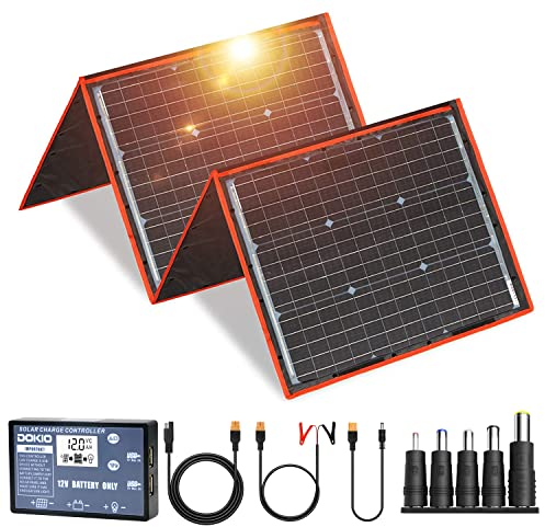 Dokio - Equipo de panel solar de 150 W, monocristalino, portátil, plegable, incluye controlador de carga solar y cable PV para batería de 12 V