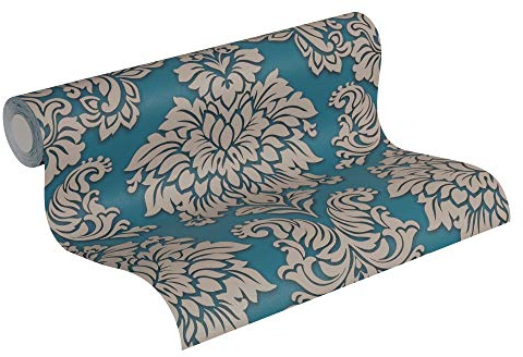 Livingwalls Vliestapete mit Glitter Metropolitan Stories Lizzy London Tapete mit Ornamenten barock 10,05 m x 0,53 m beige blau metallic Made in Germany 368985 36898-5