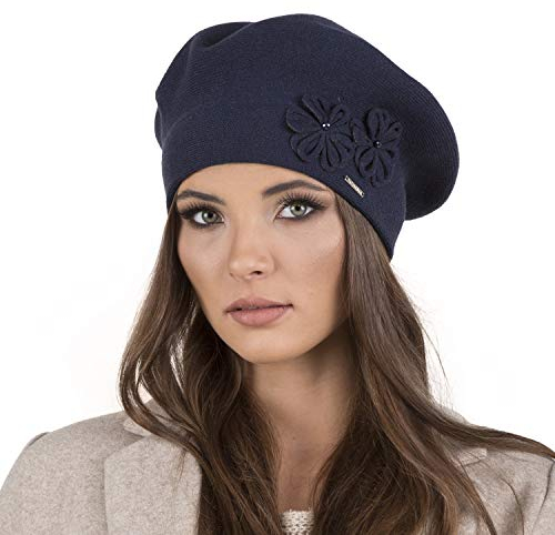 VIVISENCE Damen Baskenmütze Warm Und Gemütlich Wintermütze An Winter Und Herbst Warme Dick Strickmütze, Kopfbedeckung Eleganter Klassisch Mütze Für Frauen Modell 7007, Dunkelblau,Einheitsgröße