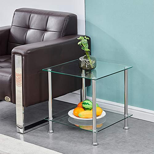 BELIFEGLORY Modern Design End Table, 2 Tier Tempered Glass Coffee Table with Polished Stainless Steel Legs, Small Square Sofa Side Corner Lamp Table for Living Room (Clear)