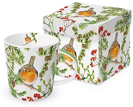 Kaffeebecher Rotkehlchen im Baum mit Geschenkbox, Tasse Tiere Tier Geschenkset Vogel