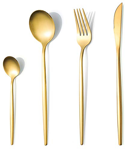 Cutlery Gold Matte Set for 6 People, 24 PCS Thin Handle Knife Fork Spoon, SANLI Modern Stainless Steel Crockery Dishwasher Safe.