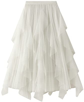 SotRong Tüllrock Damen Karneval Asymmetrisch Midirock Elastisch Hohe Taille Stufendecke Sommerrock Mesh Ballett Hochzeit Party Abschlussball A-Linie Faltenrock Weiß