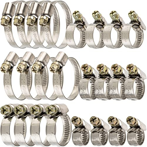 Schlauchschellen mit Schneckenantrieb Set, 24 Stück, Spannbereich Ø 8-50 mm, je 4 x Schellen mit Ø 8-12, 10-16, 12-20, 16-25, 25-40, 32-50 mm, W2 Edelstahl, Klemme mit Kreuzschlitz SW 7