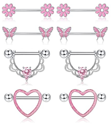 Finrezio 8 STÜCKE Edelstahl Piercing Brustwarzenpiercing Zungenringe für Damen 14G Nippel Piercing Herzform CZ Blume Schmetterling Nipplerings Pink Blau Silber Körper Piercing Schmuck