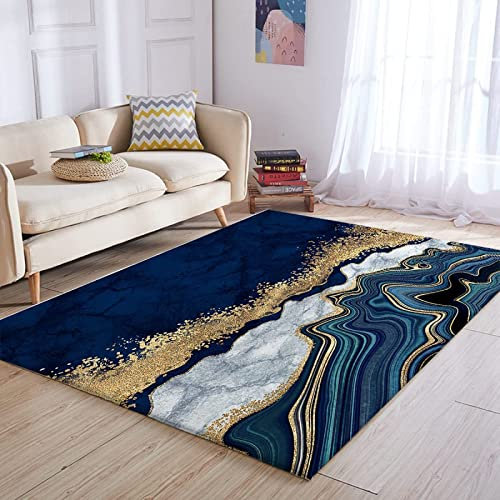 makeups1 Klassischer Orientteppich, 3D dunkelblauer Marmor, Kurzflor Waschbarer Anti-Rutsch Ornamente Muster Teppich 200 x 250 cm
