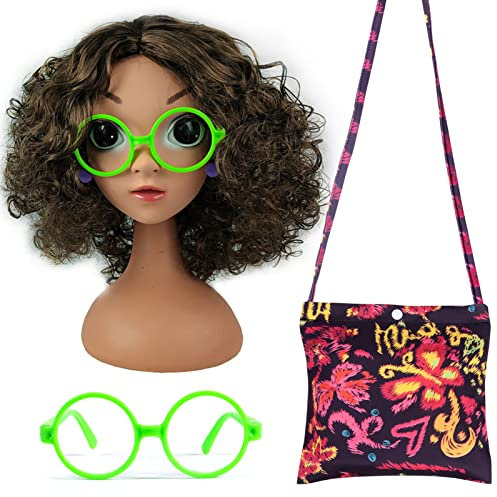 Tacobear Cosplay Perücke Mirabel Perücke Kinder Mädchen mit Kurzes Lockiges Haar Brillengestelle Tasche Ohrringe Isabella Encanto Kostüm Zubehör für Mädchen Kinder Prinzessin Halloween Karneval
