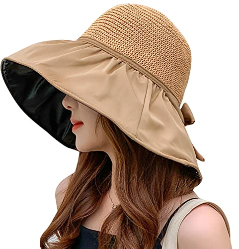 Damen Sonnenhüte mit breiter Krempe UV-Schutz Mesh Strohhut Sommer Faltbar Strandhut UPF 50+, khaki