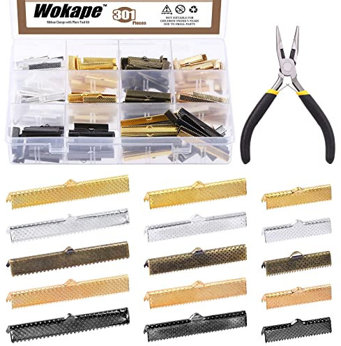 Wokape 301Pcs 5 Colors 3 Sizes 30mm 40mm 50mm Ribbon Ends Crimp Ends Clamps with Needle Nose Pliers Set, Findings Cord Ends Fasteners Clasp Leather Crimp Ends for Jewelry DIY Craft Making
