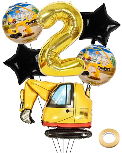 Kawailay Bagger Geburtstag Deko 2 Jahre - Baustelle Gold Zahl 2 Luftballon, Folienballon, Baufahrzeuge Heliumballon für Jungen Party