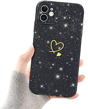Newseego Glitter Case Compatible with iPhone 11 Case for Girls Women, Sparkly Bling Cute Golden Love Heart Pattern Phone Cases Soft Silicone Shockproof Protective Bumper Cover for iPhone 11-Black