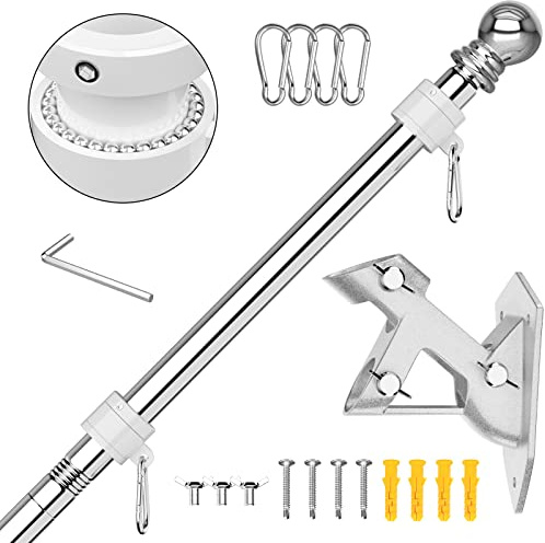 6FT Fahnenmast-Set mit Halterung, 180cm Wandmontierte Edelstahl-Fahnenmasten für Außenbereich, Wohn- oder Gewerbegebäude, Silber