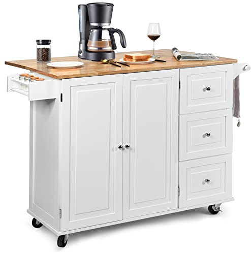TANGZON Large Rolling Kitchen Island, Kitchen Storage Trolley with Extendable Wood Worktop, Adjustable Shelves, 3 Drawers & Side Handles, Mobile Utility Serving Cart for Home Dining Room (White)