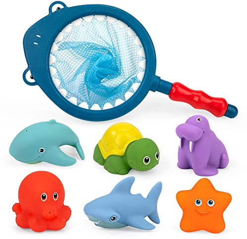 Jouet de Bain Bébé, 7 Pièces Jouets Aquatiques Baignoire ou Piscine Animaux Flottants avec Filet de Pêche, Jeu d'eau Éducatif Squirt pour Douche et Natation, Cadeau pour Bambin Enfant Garçon Fille