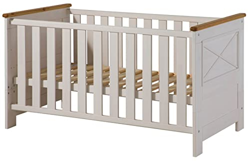 Massivmoebel24.de | Hanna Babybett aus Massivholz #15 im Landhausstil | aus Kiefernholz - weiß, gewachst | 3-Fach höhenverstellbar | 70x140cm | Gitterbett Kinderbett